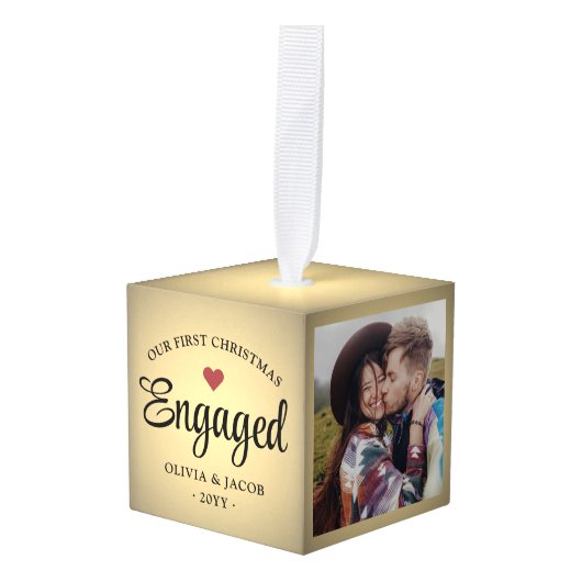 3写真初めてのクリスマス婚約した金ゴールドフェイク箔 キューブオーナメント (正面アングル)