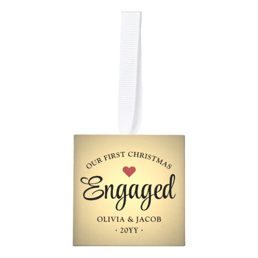 3写真初めてのクリスマス婚約した金ゴールドフェイク箔 キューブオーナメント (正面)