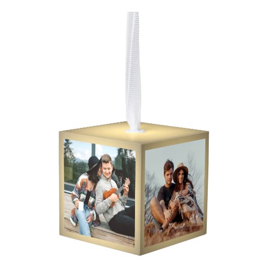 3写真初めてのクリスマス婚約した金ゴールドフェイク箔 キューブオーナメント (裏面アングル)