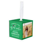 3写真卒業おめでとうエレガントグリーン キューブオーナメント (正面アングル)