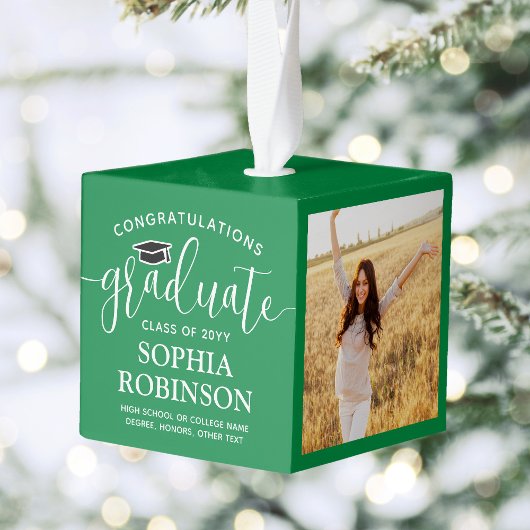 3写真卒業おめでとうエレガントグリーン キューブオーナメント