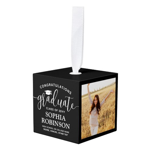 3写真卒業おめでとうモダンブラック キューブオーナメント (正面アングル)