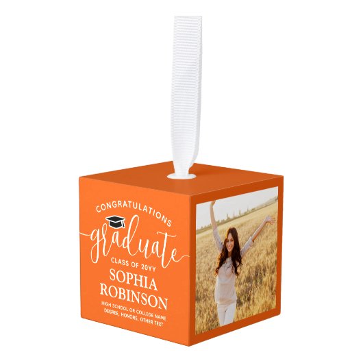 3写真卒業オレンエレガントジおめでとう キューブオーナメント (正面アングル)