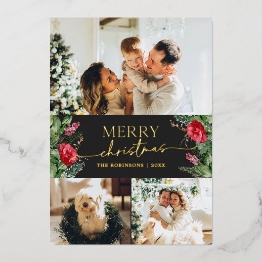 3写真植物学モダンメリークリスマスグレー金ゴールド 箔シーズンカード (正面)