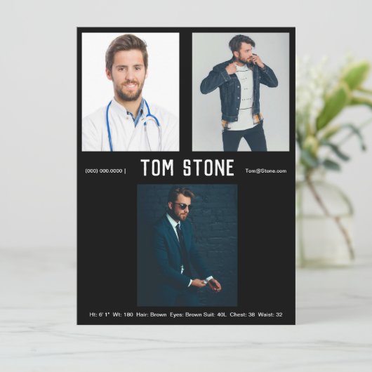 3写真男性のモデル俳優Compカード黒のテンプレート 招待状 (スタンド正面)