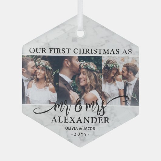 3写真第1回クリスマスマーブル六角フェイク大理石 ガラスオーナメント (正面)