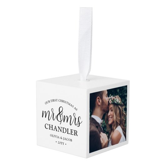 3写真第1回クリスマス新婚夫婦スクエア キューブオーナメント (正面アングル)
