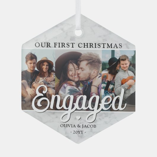 3写真1stクリスマス大理石フェイク六角 ガラスオーナメント (正面)