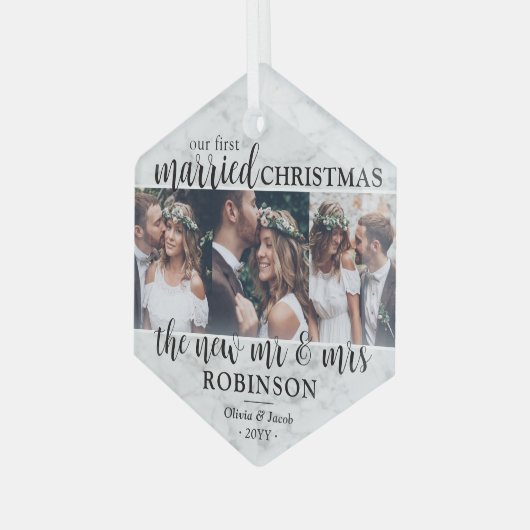 3写真1st結婚したクリスマス大理石フェイク六角形 ガラスオーナメント (正面左)