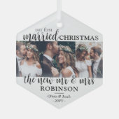 3写真First Christmas 結婚した Newlyweds六角形 ガラスオーナメント (正面)
