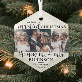 3写真First Christmas 結婚した Newlyweds六角形 ガラスオーナメント