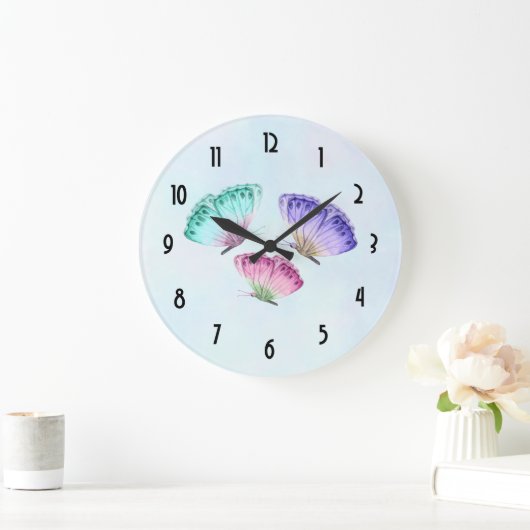 3匹のかわいくカラフルなパステル調の水彩画の蝶 ラージ壁時計 (ホーム)