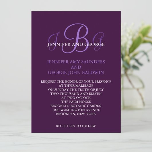 3匹のイニシャルの結婚式招待状の紫色の藤色 招待状 (スタンド正面)