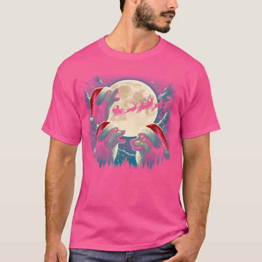 3匹のオオカミが月の下で泣くクリスマスサンタ Tシャツ (正面)