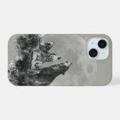 3匹のオオカミが月の動物芸術で遠吠え iPhone 15ケース (裏面横)