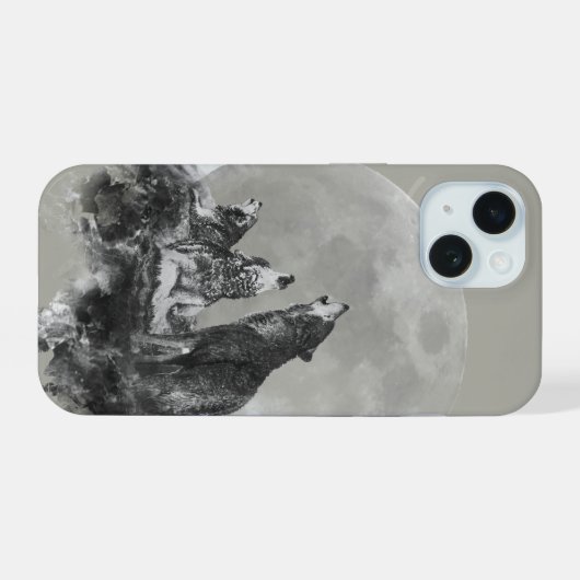 3匹のオオカミが月の動物芸術で遠吠え iPhone 15ケース (裏面横)