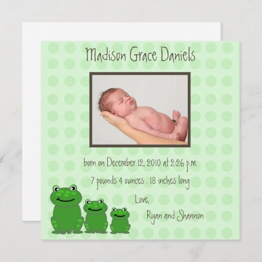 3匹のカエルの誕生の告知緑 案内状 (正面/裏面)