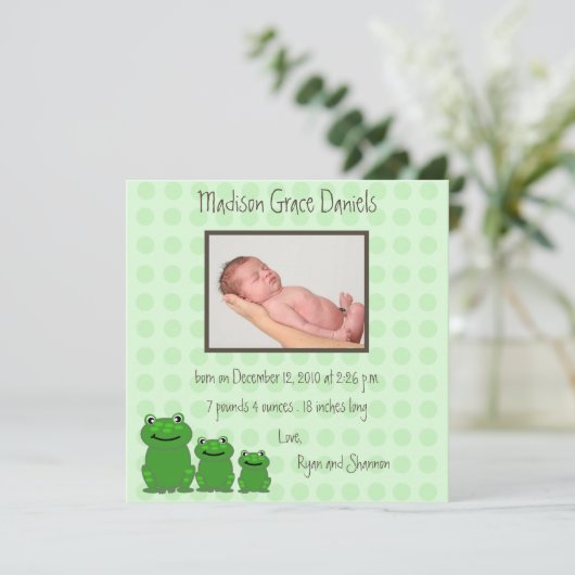 3匹のカエルの誕生の告知緑 案内状 (スタンド正面)