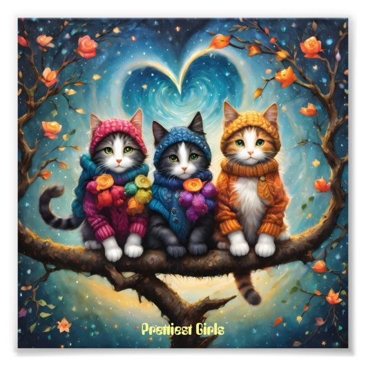 3匹のクートと無邪気な表情をした美しい猫 フォトプリント            (正面)