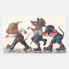 3匹のスケートで滑るダックスフント-おもしろいな動物 長方形シール