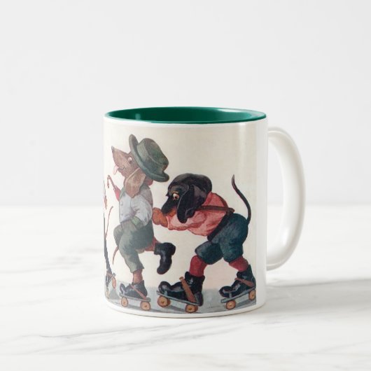 3匹のスケートで滑るダックスフント-人間の形をした犬 ツートーンマグカップ (正面右)