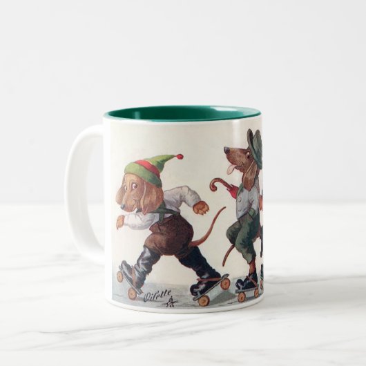 3匹のスケートで滑るダックスフント-人間の形をした犬 ツートーンマグカップ (正面左)