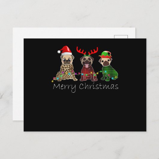 3匹のプグ犬と一緒にクリスマスを祝おう シーズンポストカード (正面/裏面)