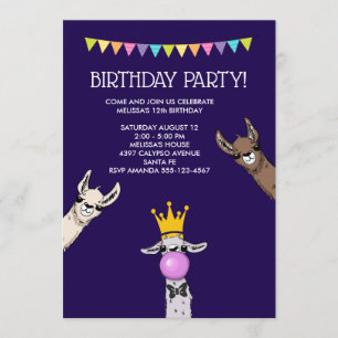 3匹のラマのキュートなイラスト誕生日パーティー 招待状