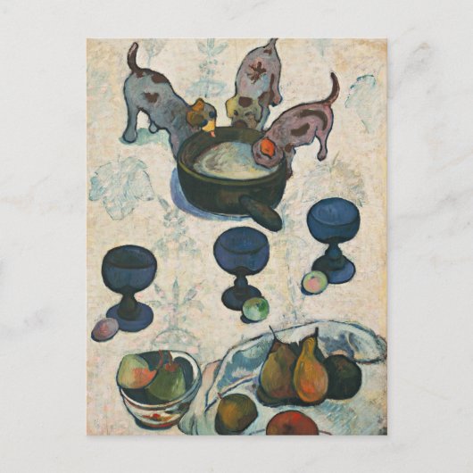 3匹の子犬と一緒に生きる | ポール・ゴーギン ポストカード (正面)