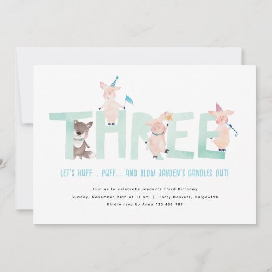 3匹の子豚と悪い狼, 男の子の3歳誕生日パーティー 招待状 (正面)