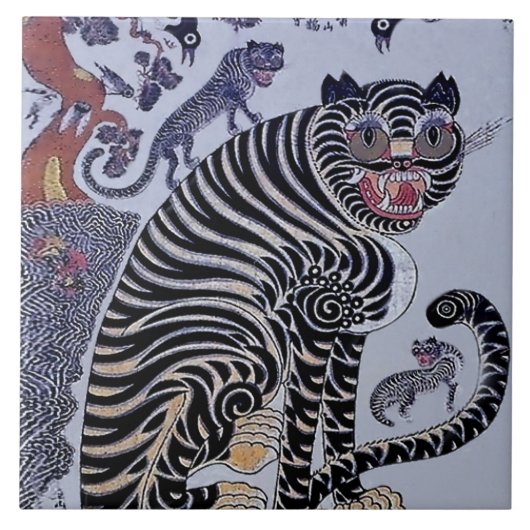 3匹の子連れの韓国のタイガー・ミンファ タイル (正面)