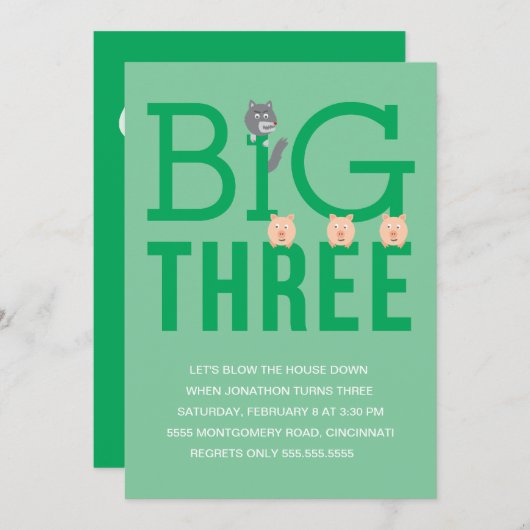 3匹の小さいブタの第3誕生日の招待状 招待状 (正面/裏面)