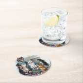 3匹の小さな子猫と母のルイス・ワイン ラウンドペーパーコースター (インサイチュ)