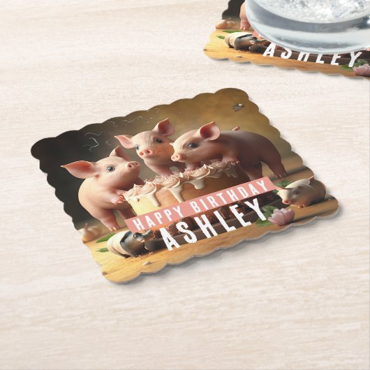 3匹の小さな豚お誕生日ケーキ ペーパーコースター (アングル)