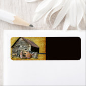 3匹の小さな豚が納屋で雪素朴を眺めている ラベル (インサイチュ)