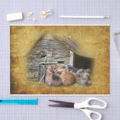 3匹の小豚が家の納屋素朴で雪を降らす 薄葉紙 (クラフト)