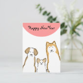 3匹の犬 年賀状(縦) ピンク丸 シーズンポストカード (スタンド正面)