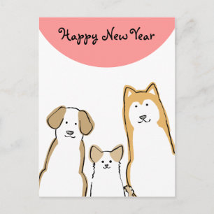 3匹の犬 年賀状(縦) ピンク丸 シーズンポストカード