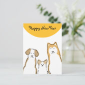 3匹の犬 年賀状(縦) 黄色丸 シーズンポストカード (スタンド正面)
