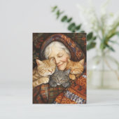 3匹の猫が居心地の良い老婆 ポストカード (スタンド正面)