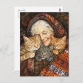 3匹の猫が居心地の良い老婆 ポストカード (正面/裏面)