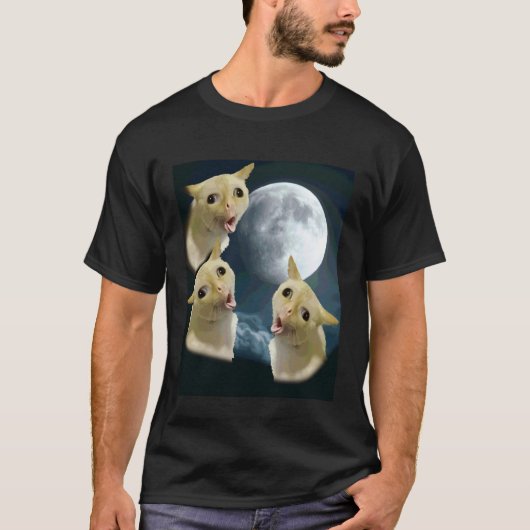 3匹の猫が月に吠えている Tシャツ (正面)