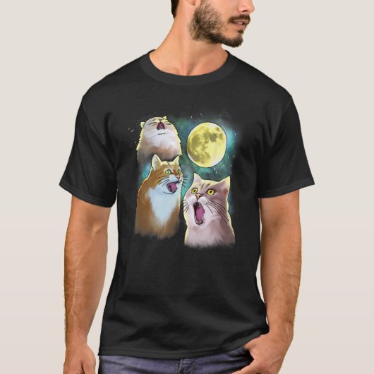 3匹の猫と月と3匹の狼の面白いパロディ Tシャツ (正面)