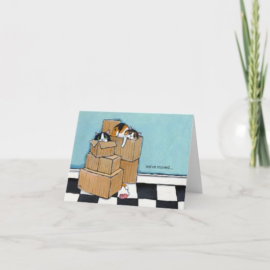 3匹の猫と箱 |引っ越しましたメモカード 案内状 (正面)