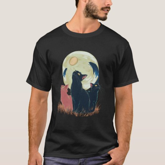 3匹の猫の月 おもしろくて怠け者の動物のほえるパロディーM Tシャツ (正面)