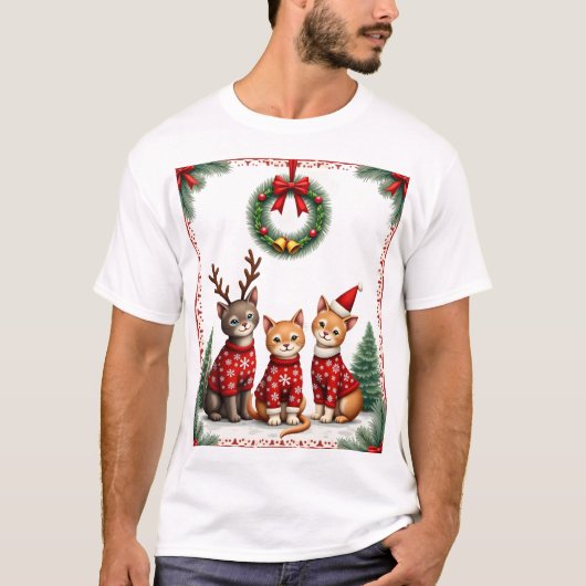 3匹の猫の面白いクリスマス猫のダサいXmasスウェットTシャツ メンズ Tシャツ (正面)