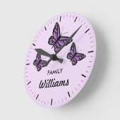 3匹の紫の蝶 ファミリー ネーム付き ラウンド壁時計 (傾斜)