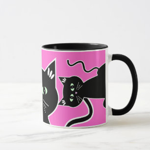 3匹の緑色の目の黒猫のレトロのスケッチ マグカップ