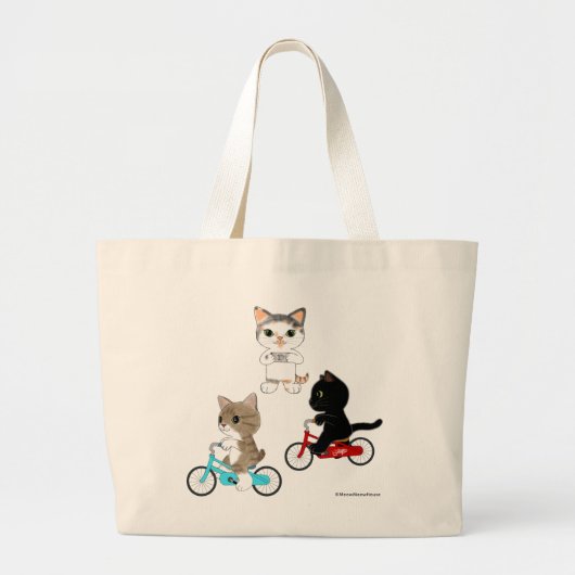 3匹の自転車猫 ラージトートバッグ (正面)
