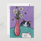3匹の蜂、3つの花、2つの手紙-猫の郵便はがき ポストカード (正面/裏面)